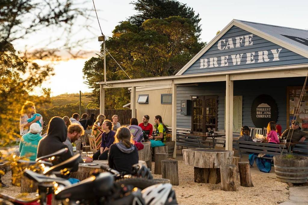 people dining and drinking outside Forrest Brewing Company