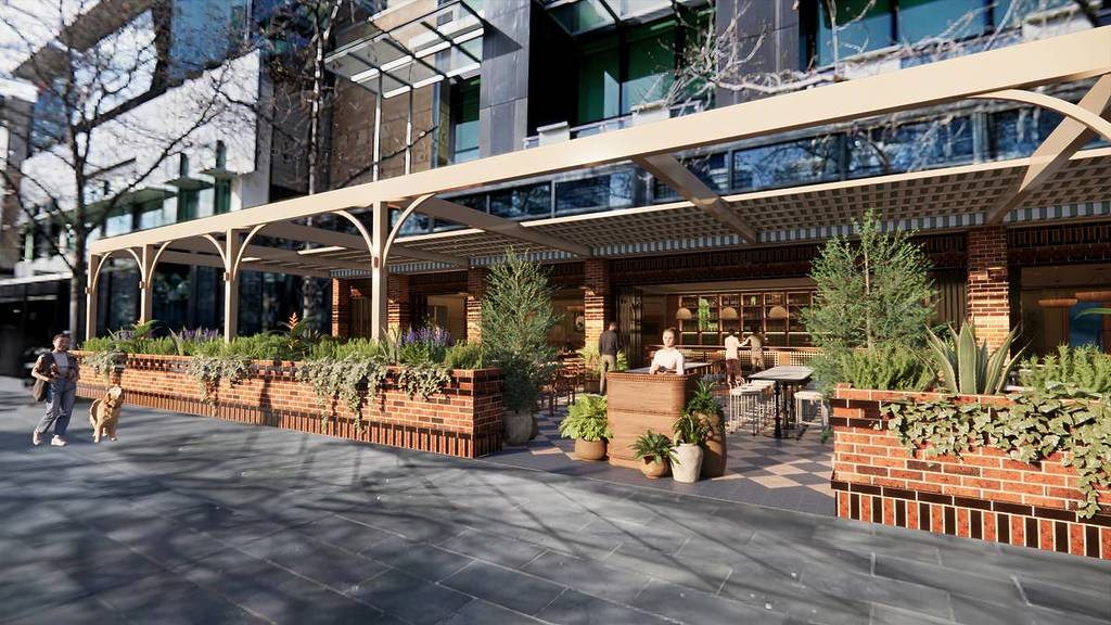 render of outside of Bellevue Bar & Terrace on Crown Riverwalk