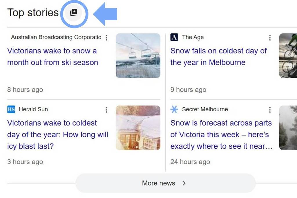 arrow pointing to the top stories button