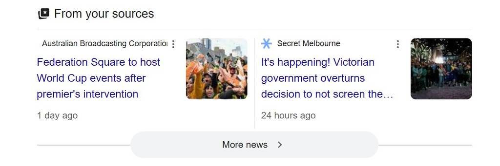 a screenshot showing news stories from Secret Melbourne in the From Your Sources section on Google