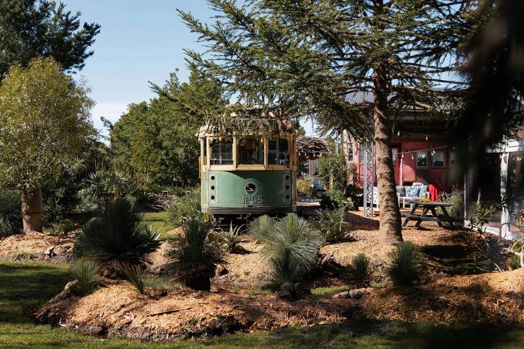 view of the tram and surrounding garden area of Benton Rise Farm