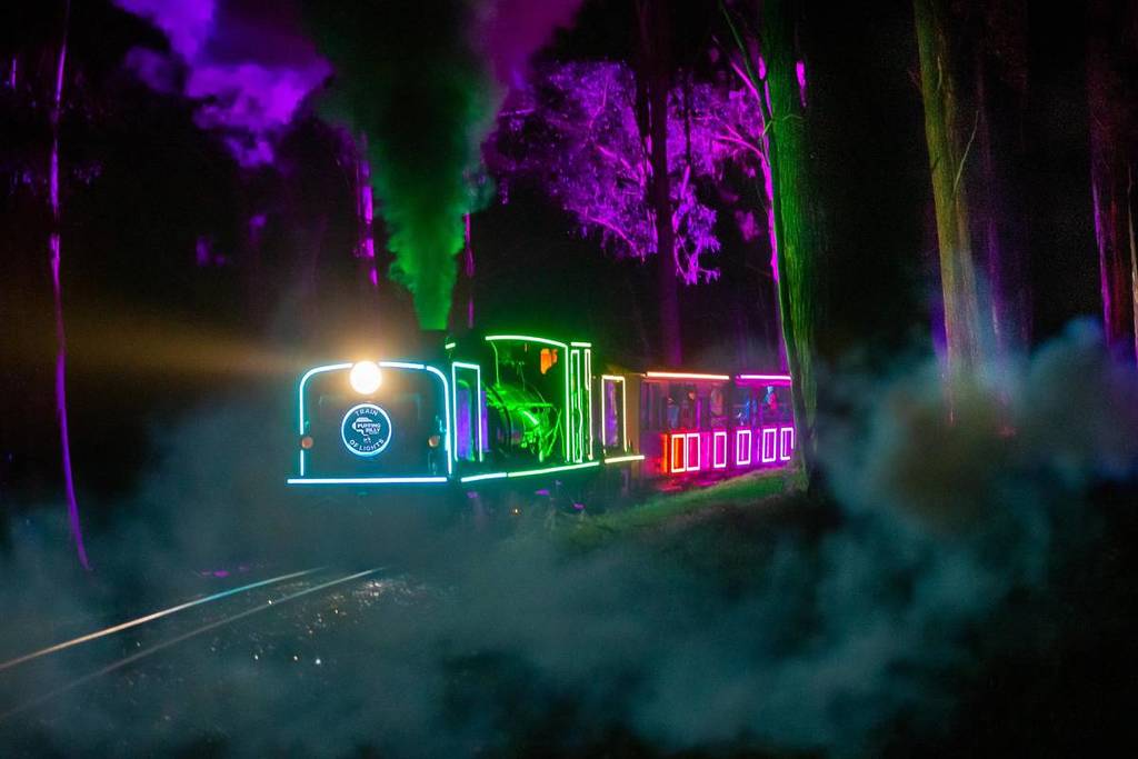 Train of Lights by Puffing Billy lit up in rainbow colours