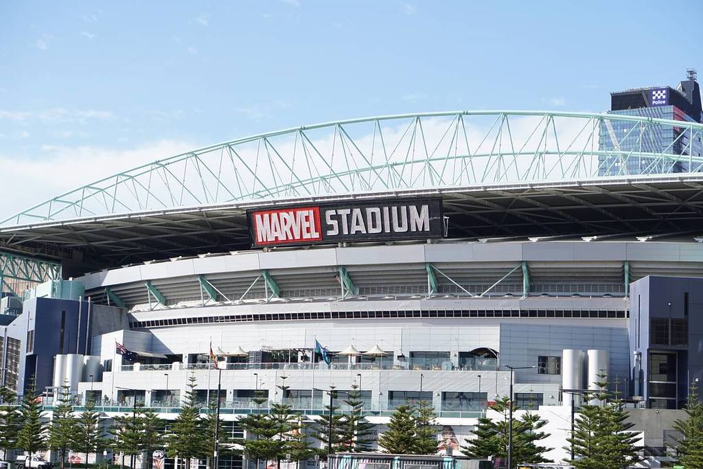 outside Marvel Stadium, with the name prominently featured