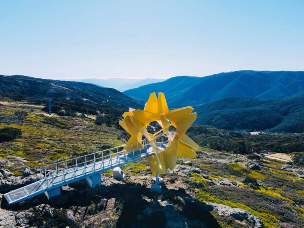 aerial view of Flower of the Alpine Sun on Falls Creek on a sunny day with no snow