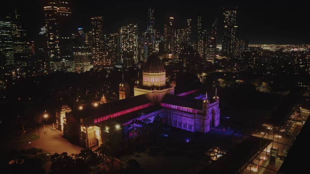 aerial view of the Royal Exhibition Building at night