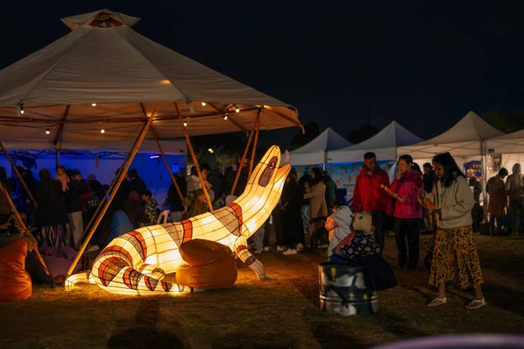 a glowing lizard installation at Firefly Night Market