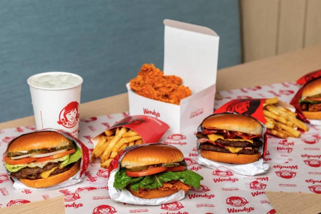 burgers, chips, tenders and frostys drink from Wendy's