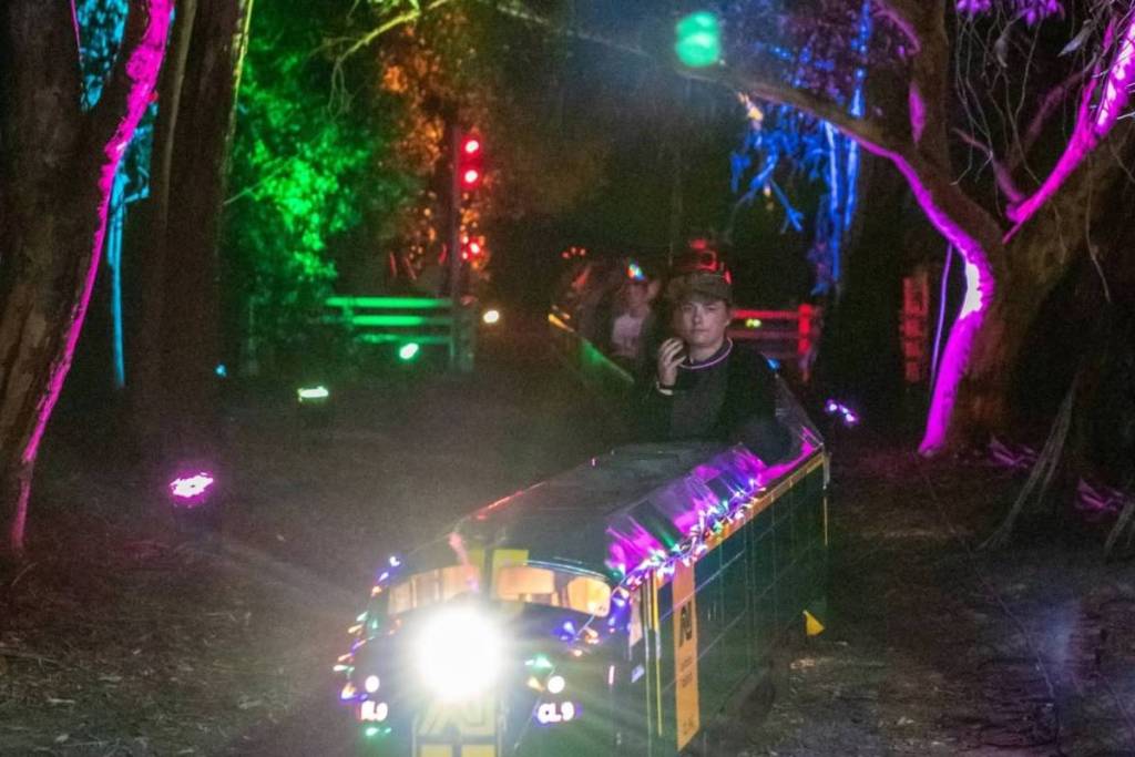 miniature train from Diamond Valley Railway moving under trees during Winter Light Spectacular