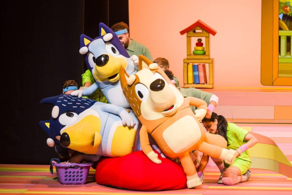 large scale puppets of Bluey, Chilli and Bandit in Bluey's Big Play