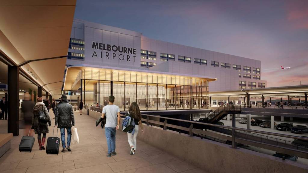 render of passengers walking to Melbourne Airport from new elevated forecourt