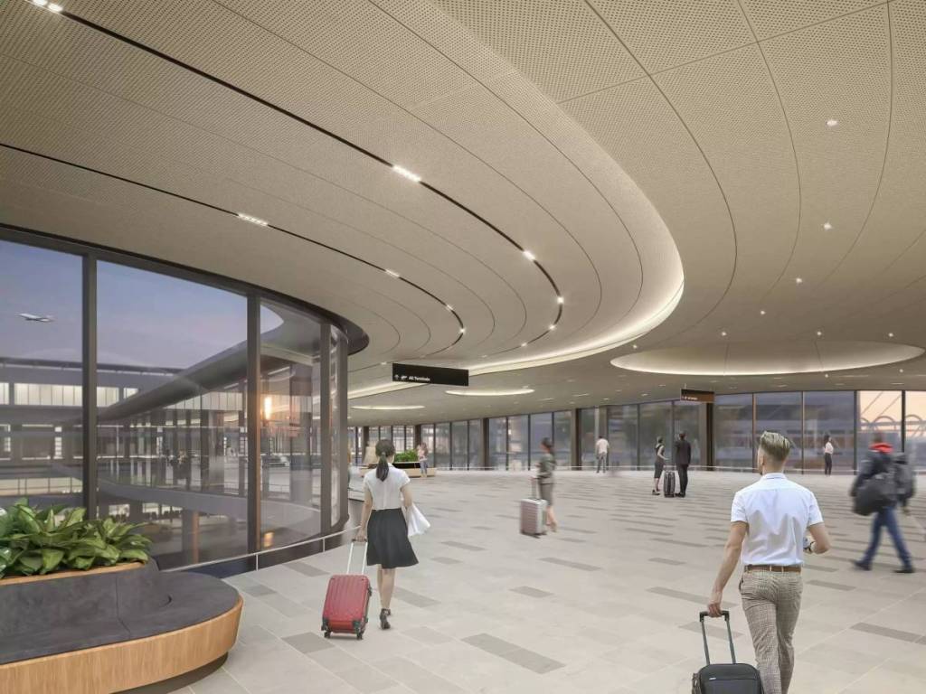 render of passengers using the pedestrian bridge at Melbourne Airport