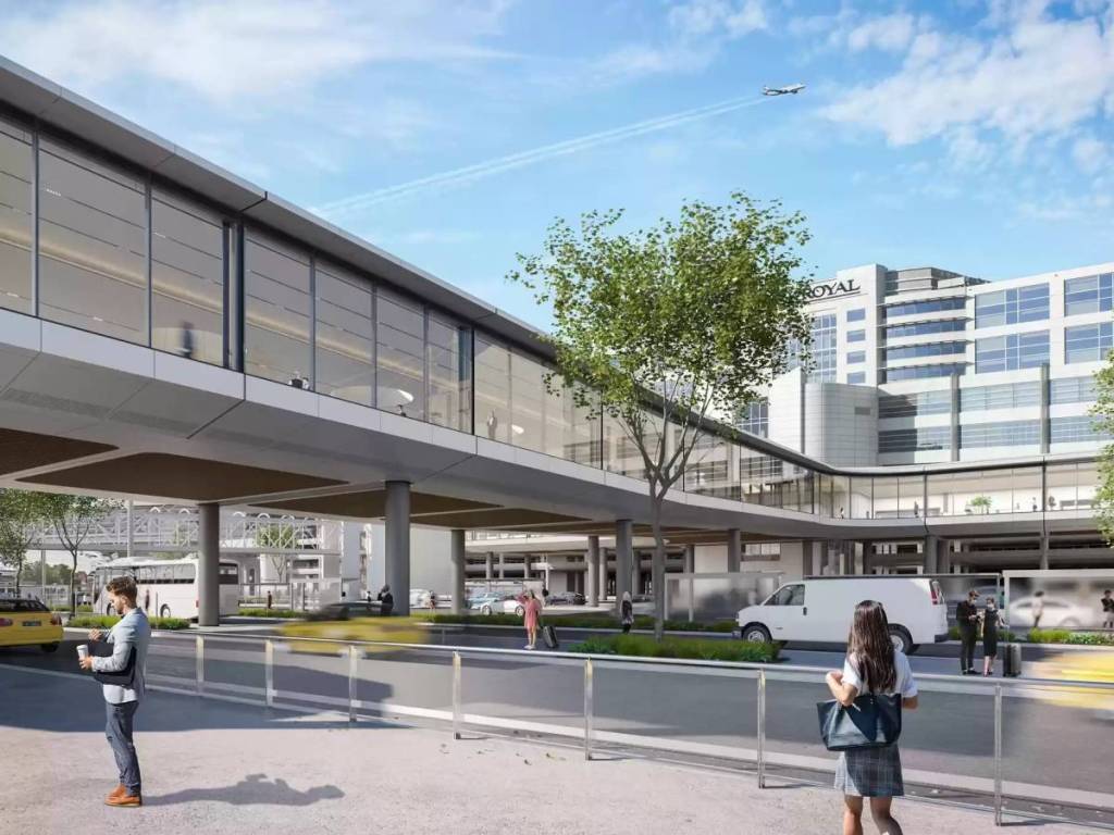 render of Melbourne Airport forecourt, with new pedestrian bridge