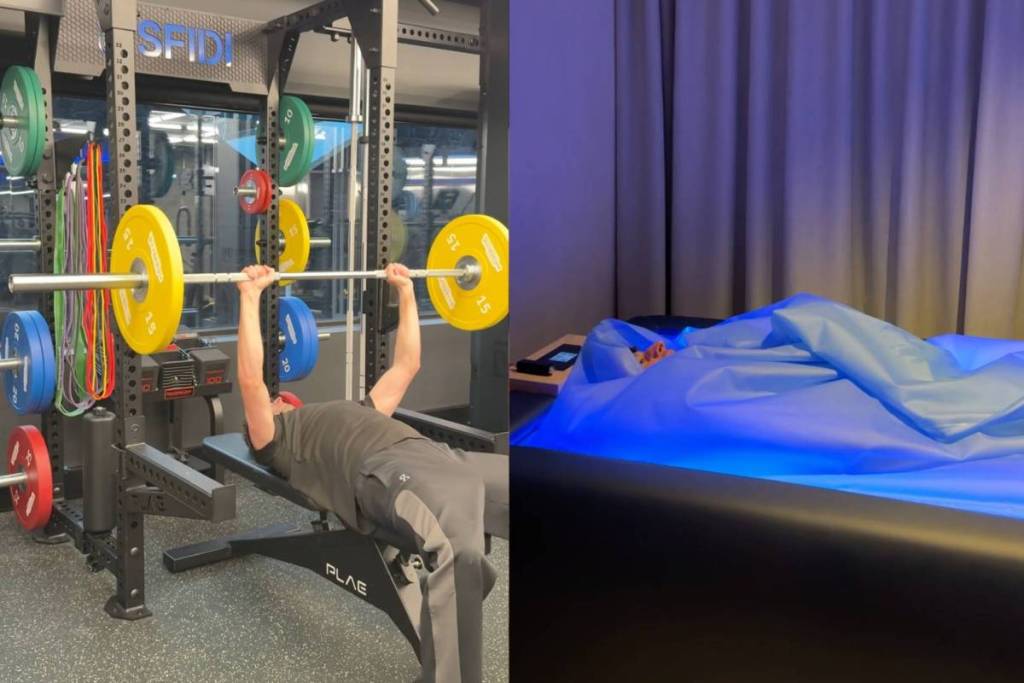 man lighting weights and wrapped up in a zero gravity dry float at SFIDI