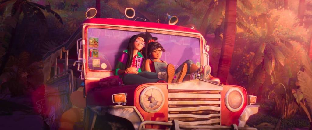 two characters sitting on the front of a truck or bus in Forgotten Island