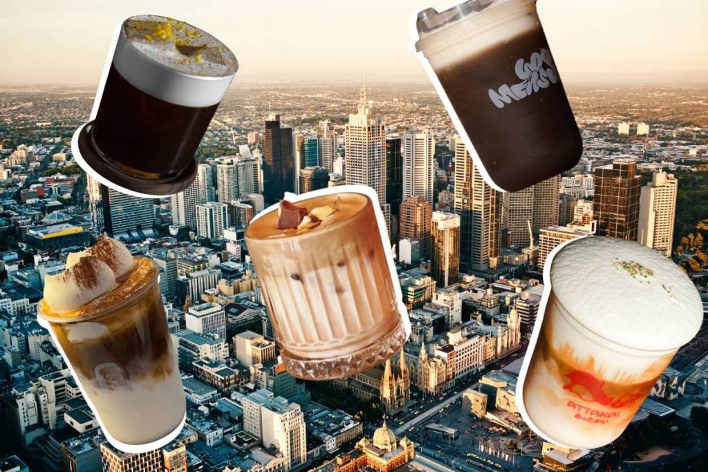 Melbourne skyline, with creative coffee drinks on top