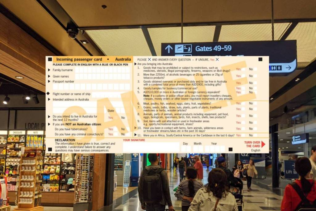 composite image of old paper passenger card over travellers at an airport terminal in Australia