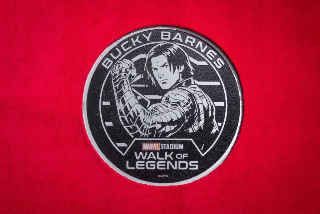a plaque of Bucky Barnes on the Marvel Stadium Walk of Legends