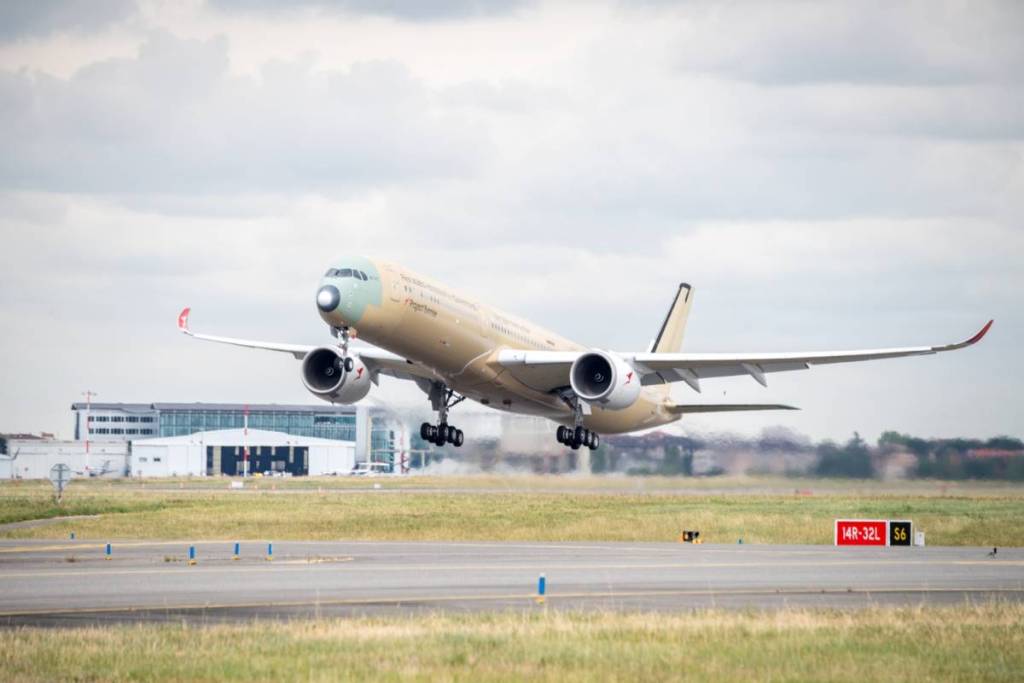 A350 plane for Project Sunrise taking off from the Toulouse Airbus runway