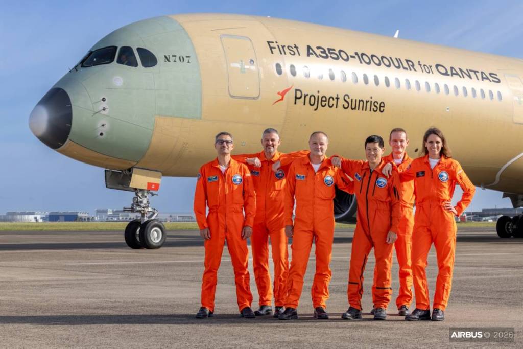 flight crew in front of A350-1000ULR in Toulouse, which will be used for Qantas Project Sunrise fleet