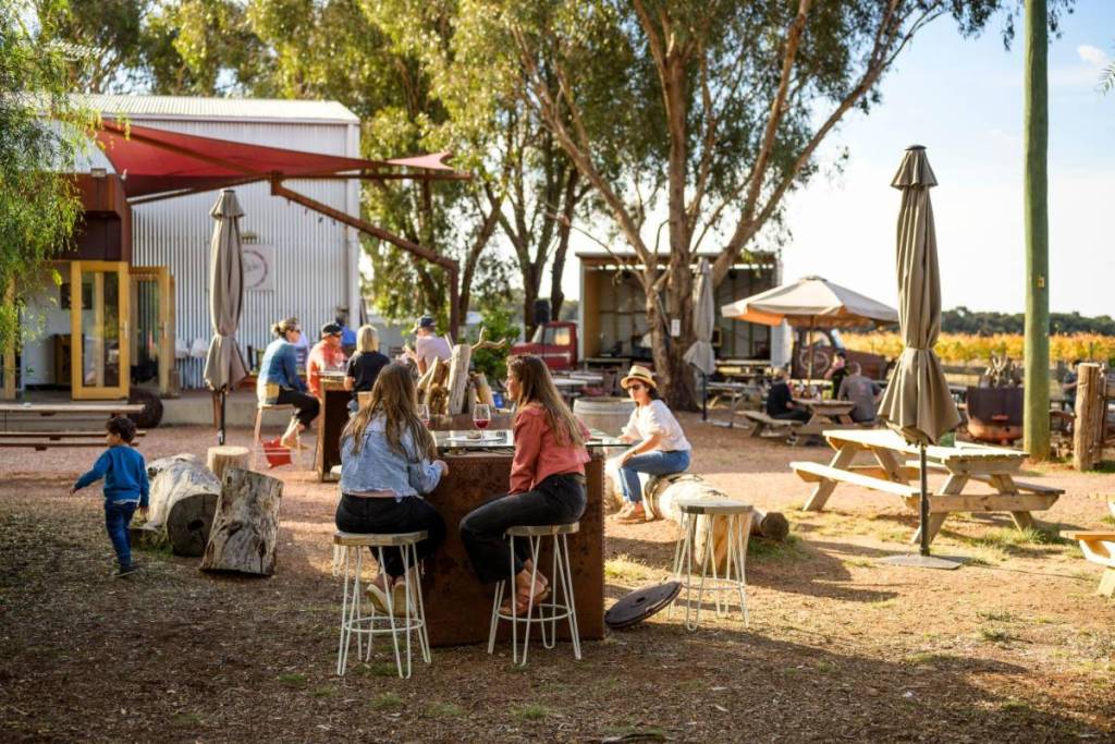 people eating pizza and drinking on picnic tables at Shiraz Republic
