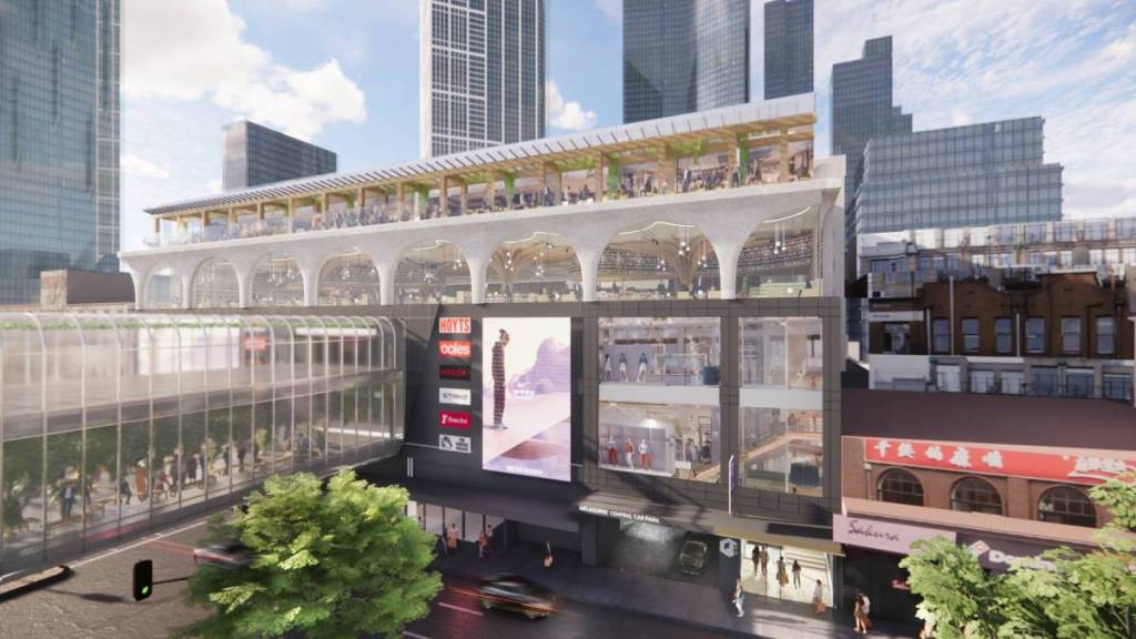 render of outside Melbourne Central on Lonsdale Street, showing the expansion on two new levels above a pedestrian bridge