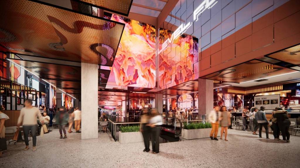render of inside Melbourne Central expansion area, with people walking past shops