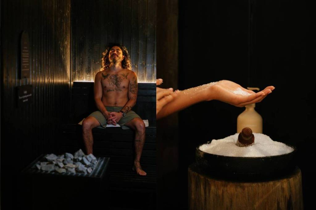 left image - man in steam sauna, right image - hand holding up a salt scrub
