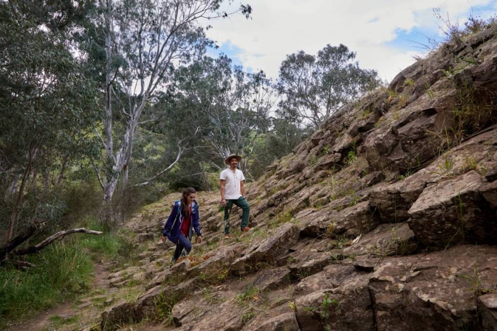 two hikers walking up along the rocks of the Tessellated Pavement in Organ Pipes National Park