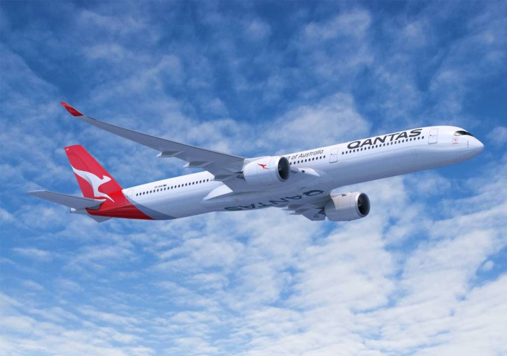 a Qantas A350-1000 flying in the sky