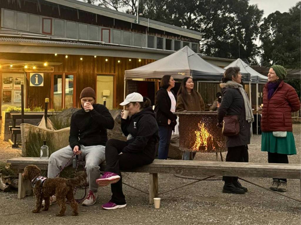 open air fire pit with mulled wine and cider at CERES Twilight Winter Market in Melbourne