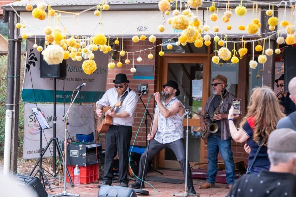 musicians performing under wattle decorations at Hurstbridge Wattle Festival