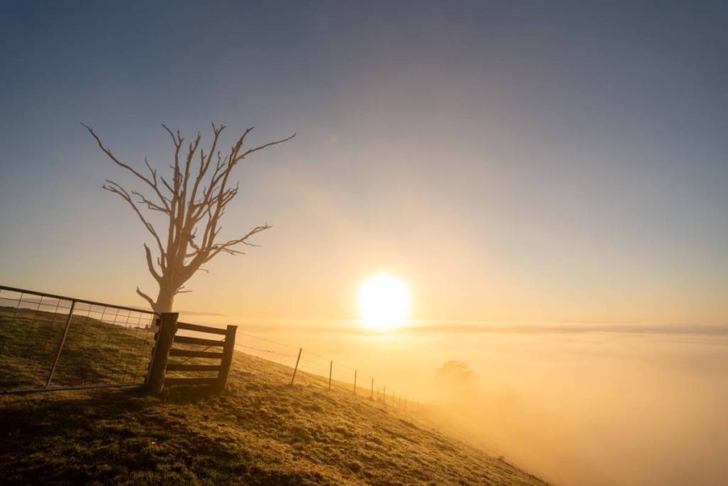 Hang's Tree, with the sun shining, and clouds covering the landscape below