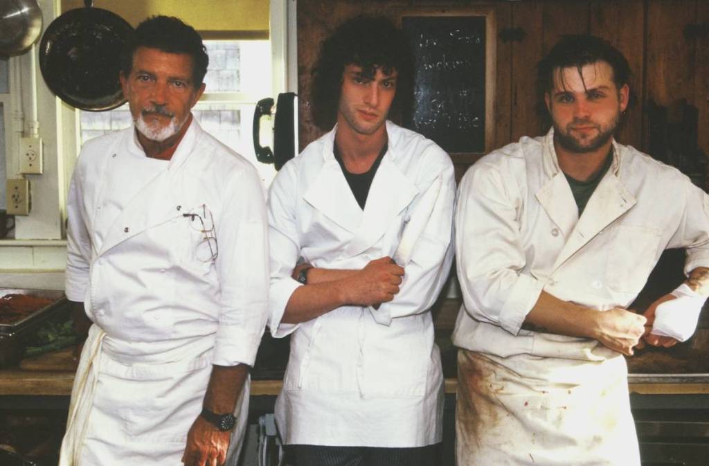 Antonio Banderas, Dominic Sessa and Leo Woodall in chef outfits for the film Tony