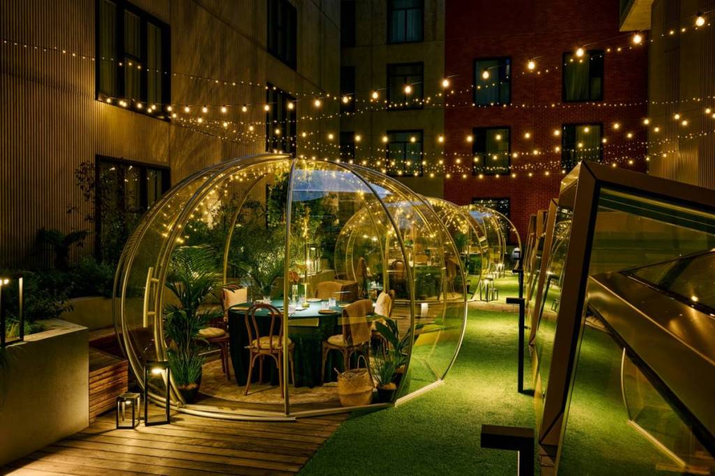 Fern's Hidden Winter Garden domes at night lit up by fairy lights