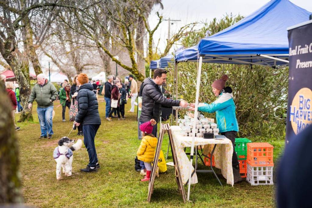 people shopping at Kyneton Farmers Market on a cold day