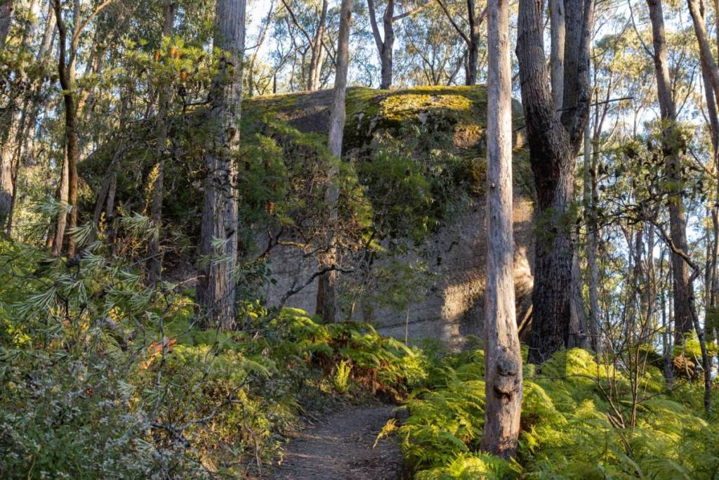 trail leading to big rock formation in Kurth Kiln Regional Park