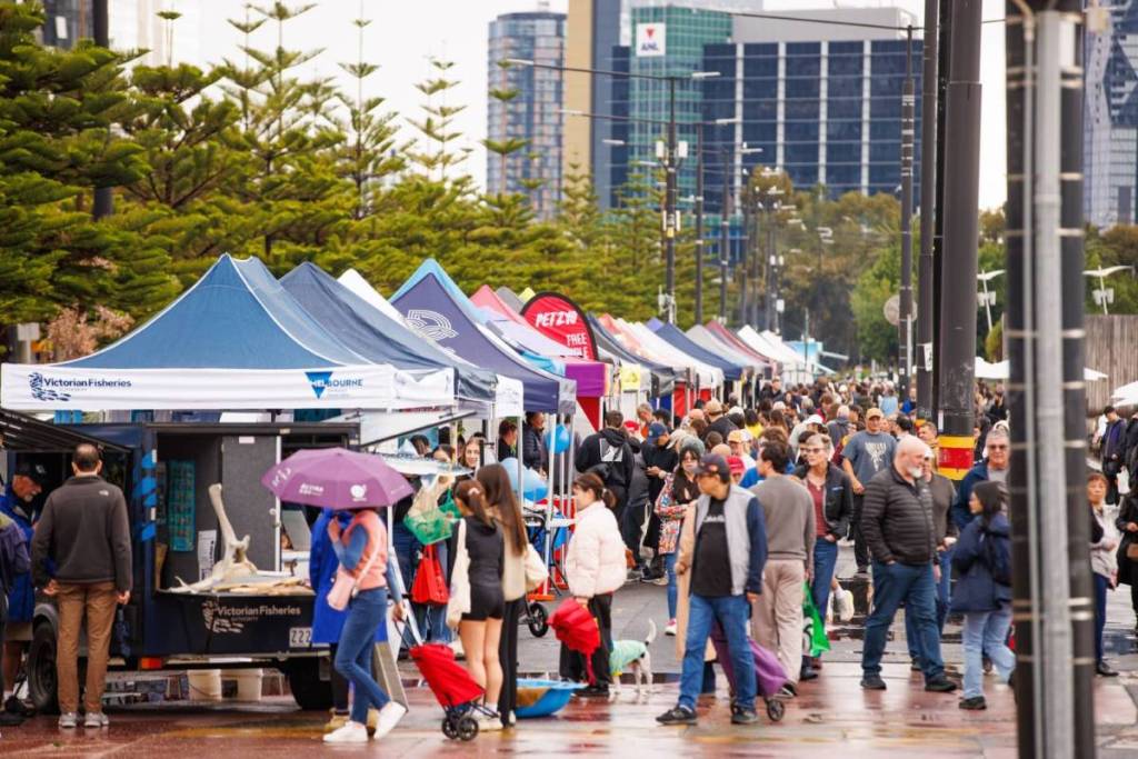 stalls at Docklands Waterfront Farmers Market