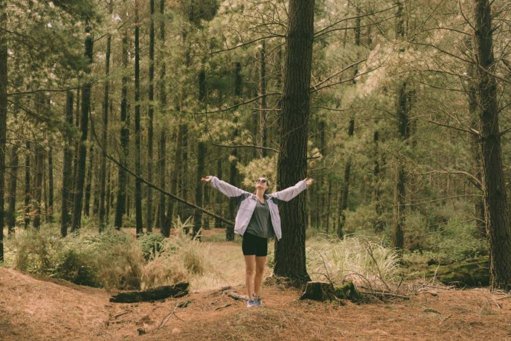 woman holding arms up in forest of Woowookarung Regional Park