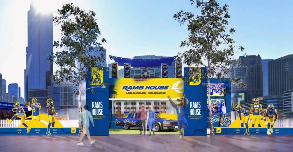 render of the entrance to LA Rams House Tailgate Experience