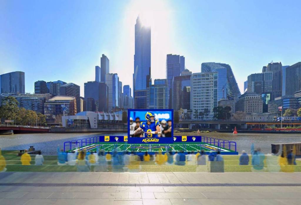 render of Rams game on screen on floating deck in Melbourne