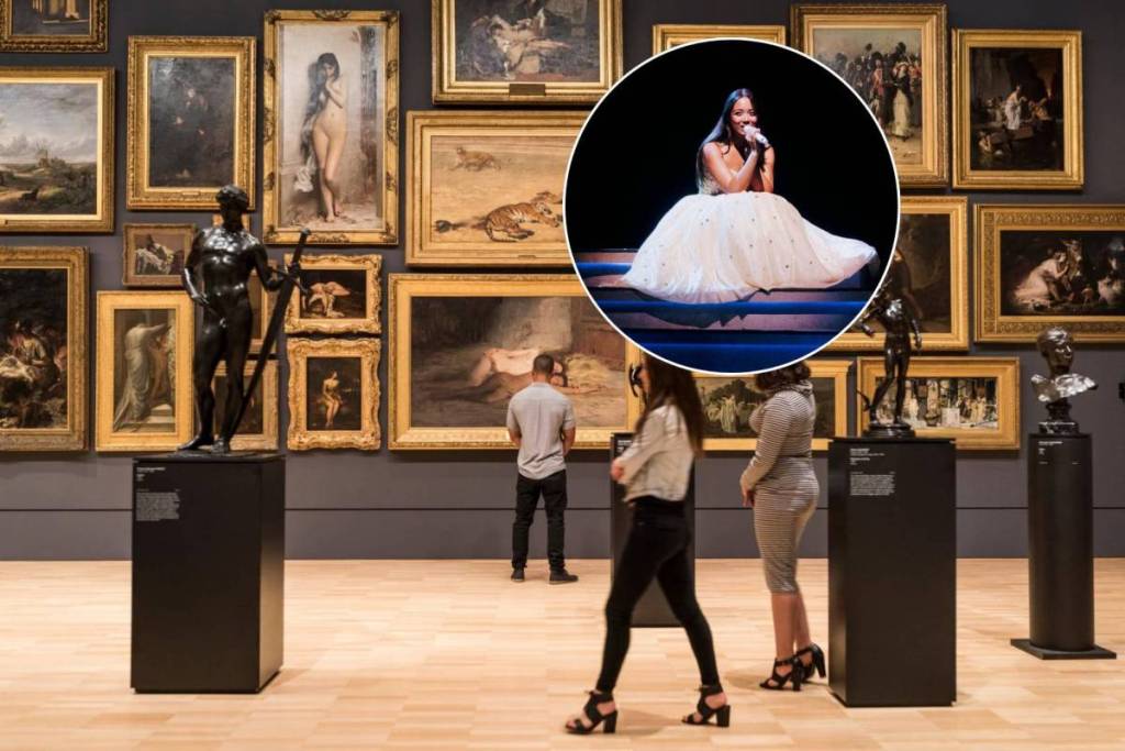 photo of Laufey performing in a gown, over a larger image of artwork at NGV