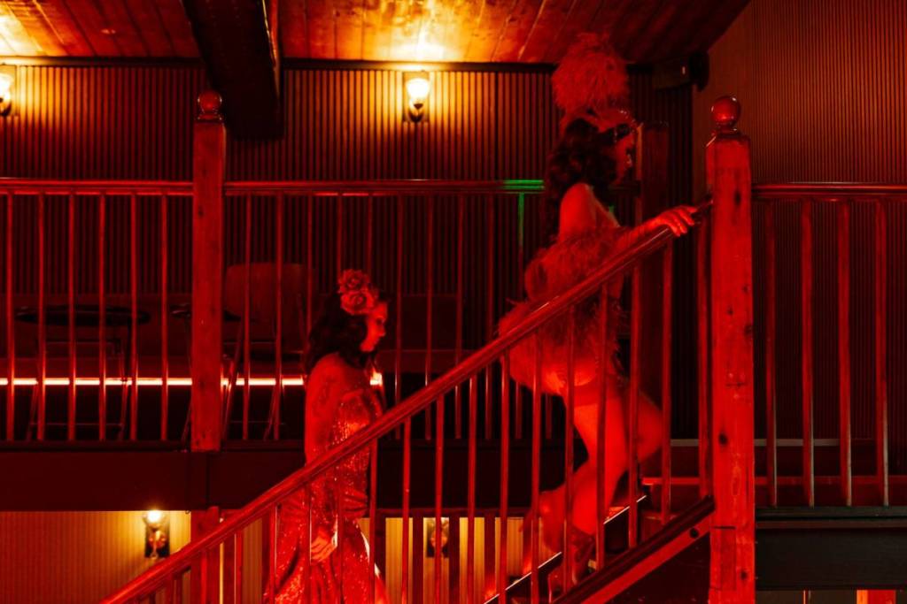 burlesque dancers at Flair, near the beer garden
