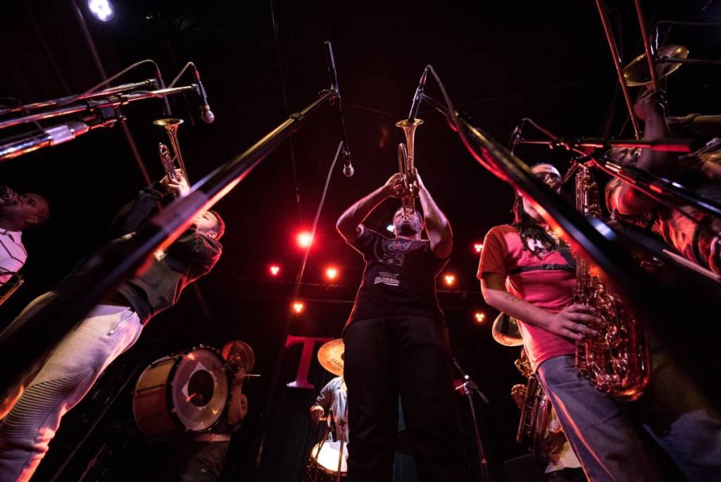 view looking up at performers for Rebirth Brass Band
