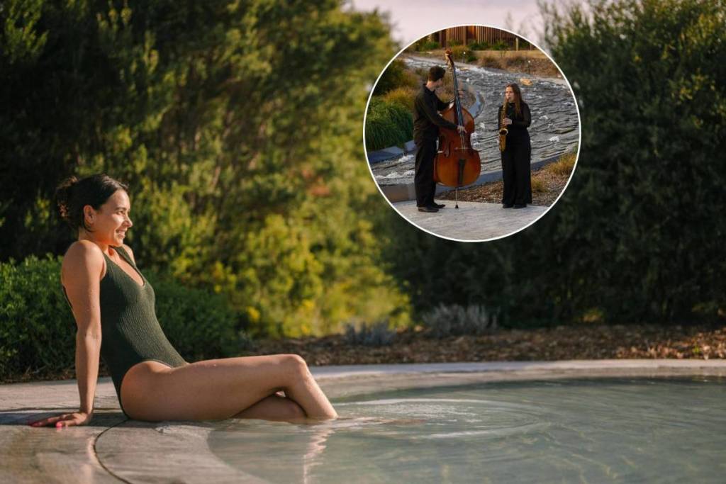 woman with her legs in a geothermal pool at Alba Thermal Springs and Spa, with a small image of a double bassist and saxophonist playing jazz