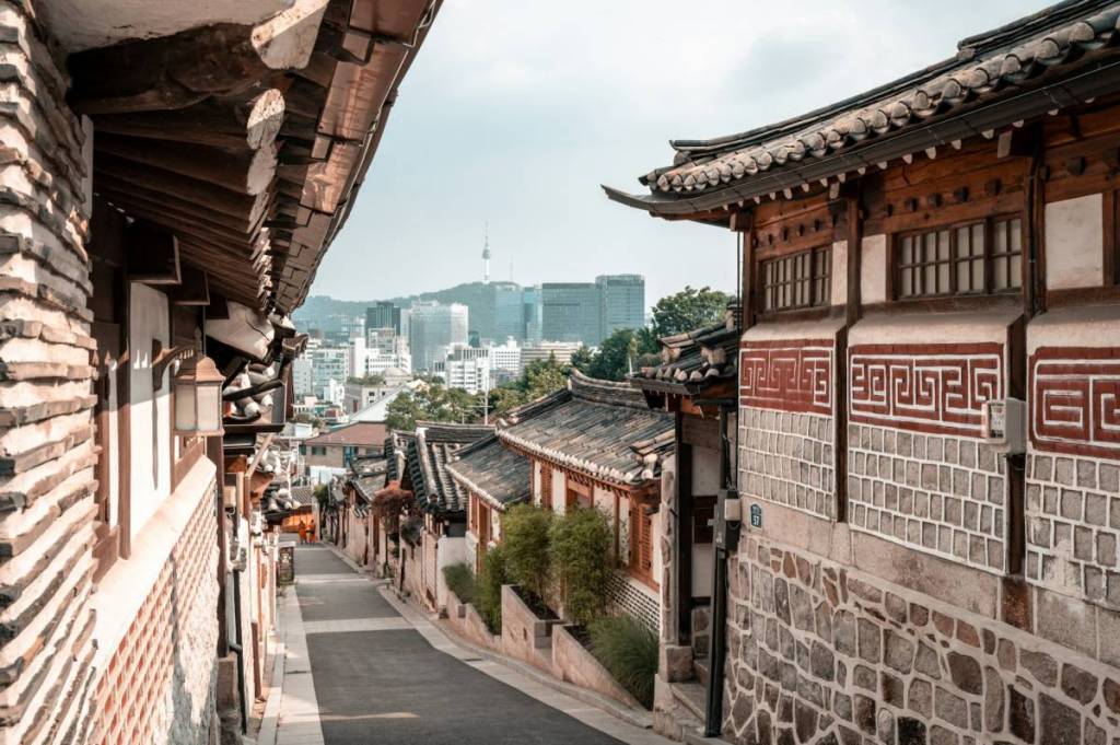 view of N Seoul Tower from traditional street in Bukchon Hanok Village