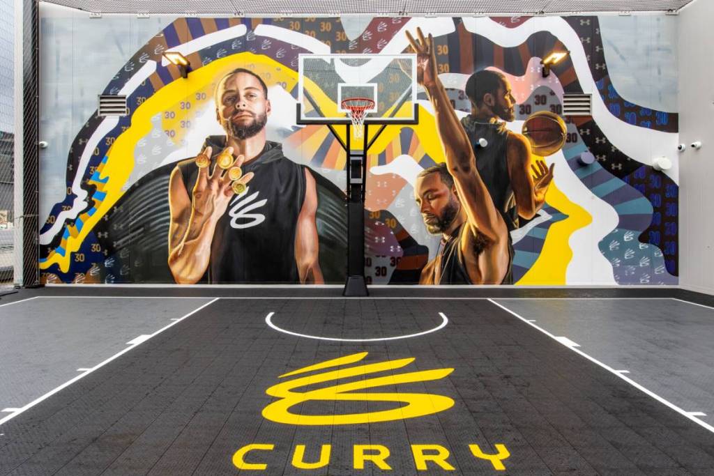 basketball court with street art of Stephen Curry at Rebel Sport