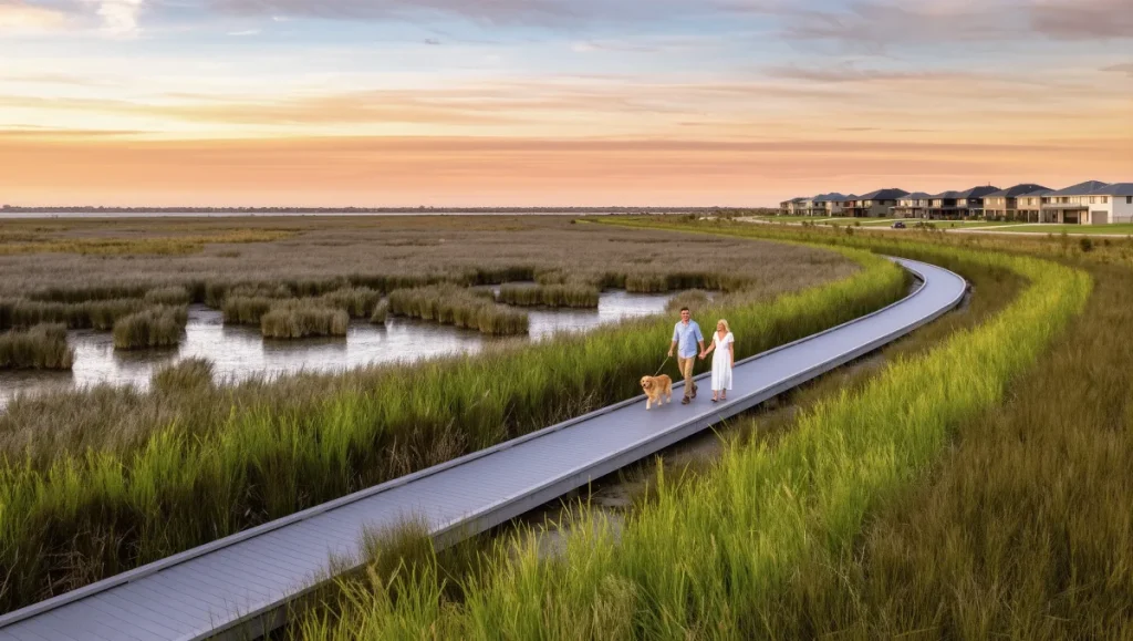 couple walking their dog in the new Melton east