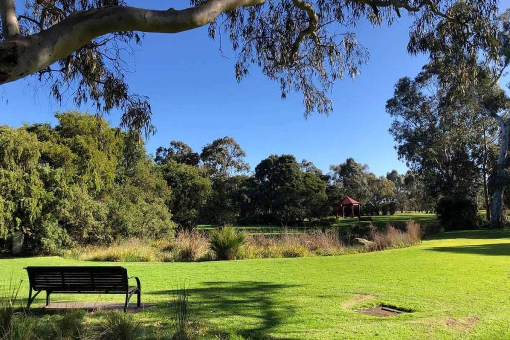 bench in Royal Park overlooking Australian native garden