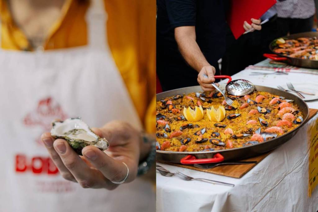 someone holding a shucked oyster in the left image, and another person cooking paella in the right image