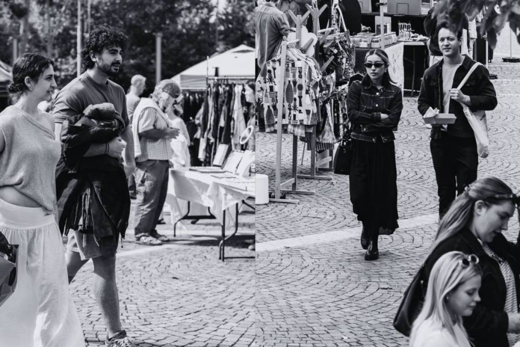 two images in black and white of people walking around a makers market in Melbourne